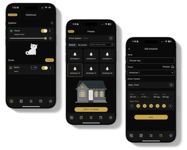The Bosso Lights app showing the dashboard, saved presets, and schedule editor screens